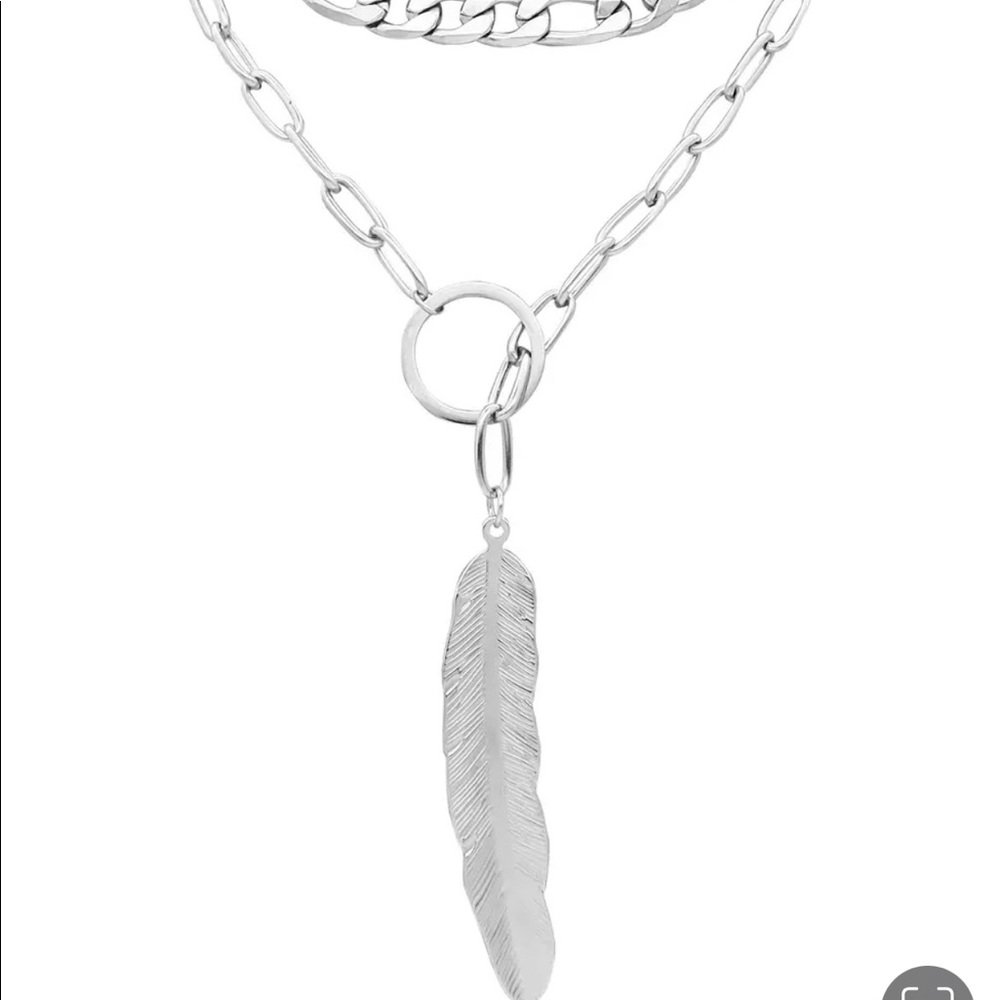 ADORINA necklace double layered feather pendant in Stainless Steel NIP